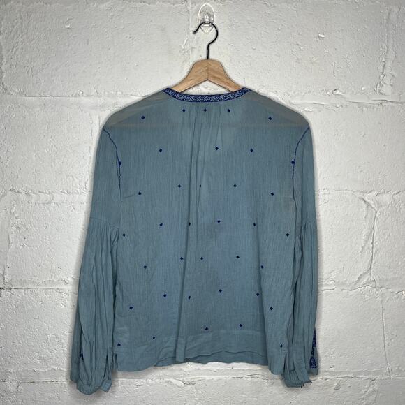 J. Crew Women's Blue Cotton Peasant Boho Tie Blouse Size 2 - Picture 3 of 7